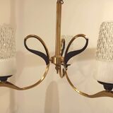 Vintage chandelier 3 burners brass gilded globes opaline glass white striated