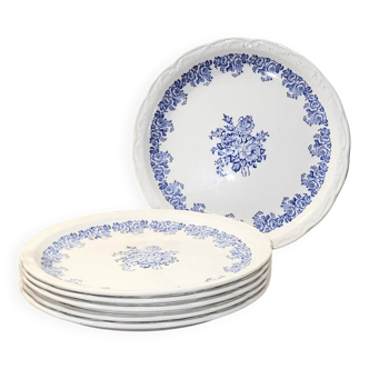 Superbe service de 6 assiettes anciennes à décor floral bleu - Bord festonn