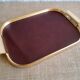 Plateau rectangulaire simili cuir bordeaux et métal doré vintage