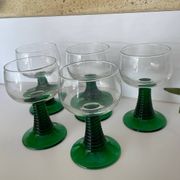 5 two-coloured green stemmed glasses with conical stems Roemer