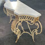 Half-moon console in wrought iron and marble