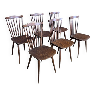 Ensemble de 6 chaises bistrot en bois Baumann modèle Menuet France Années 60