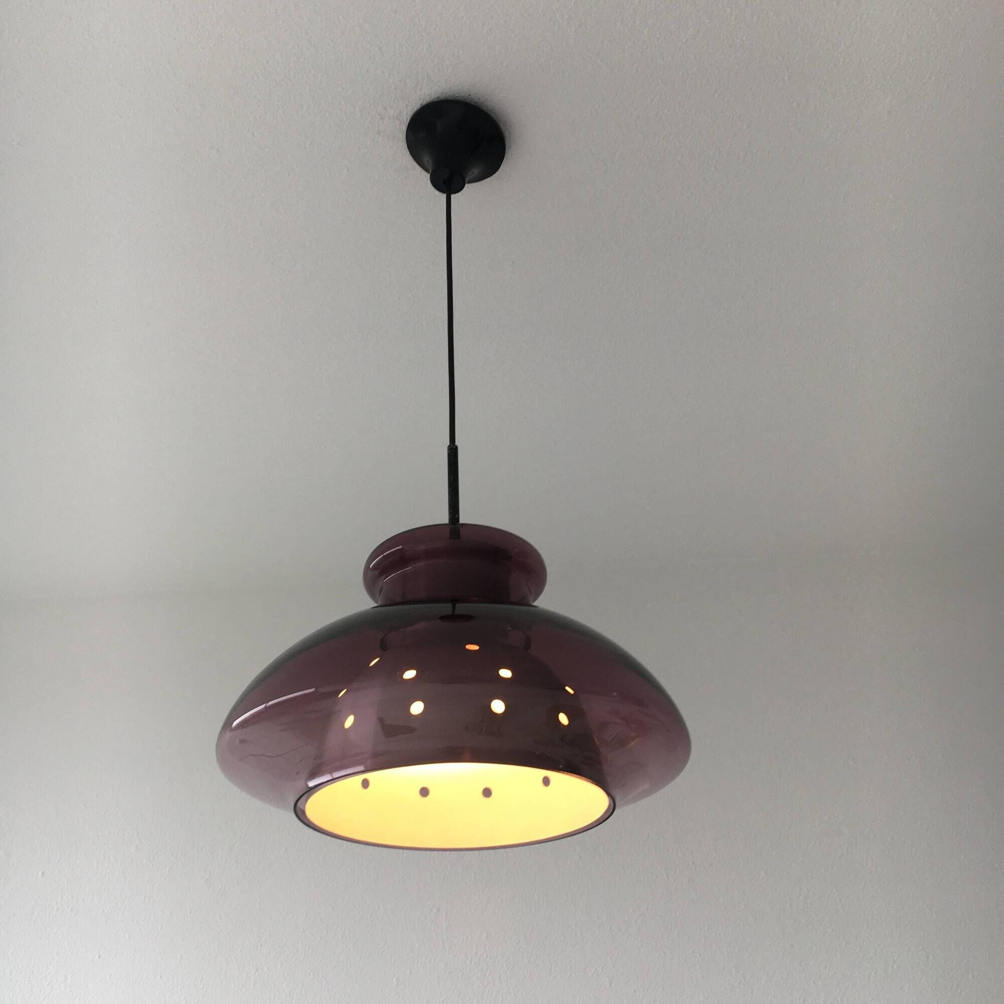 Doria Leuchten Germany Mid Century hanging lamp purple glass space age, 197