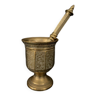 19th century engraved bronze pharmacy mortar with pestle