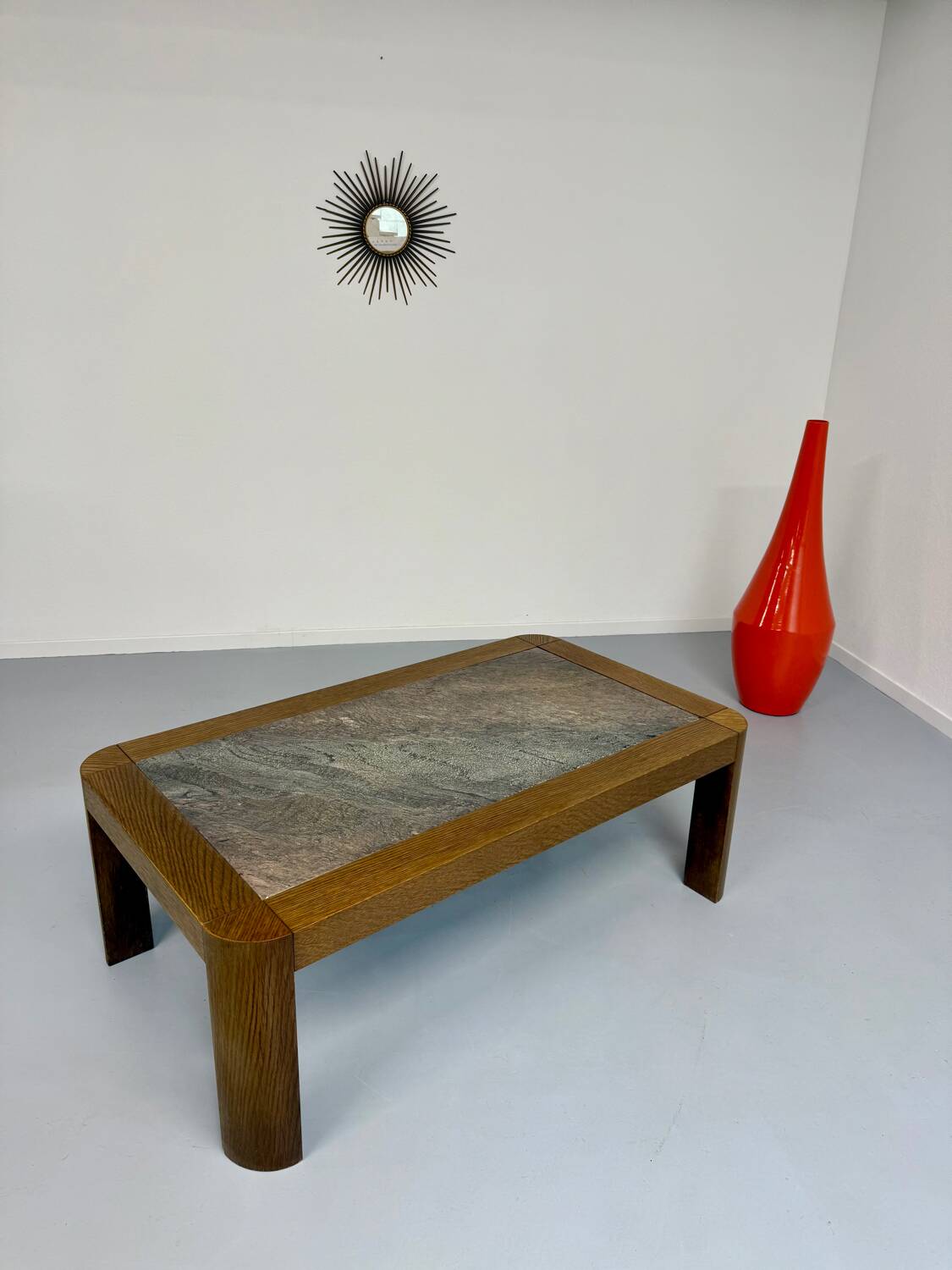 Old coffee table in wood and granite stone, vintage design from the 70s