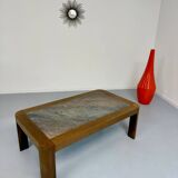 Old coffee table in wood and granite stone, vintage design from the 70s