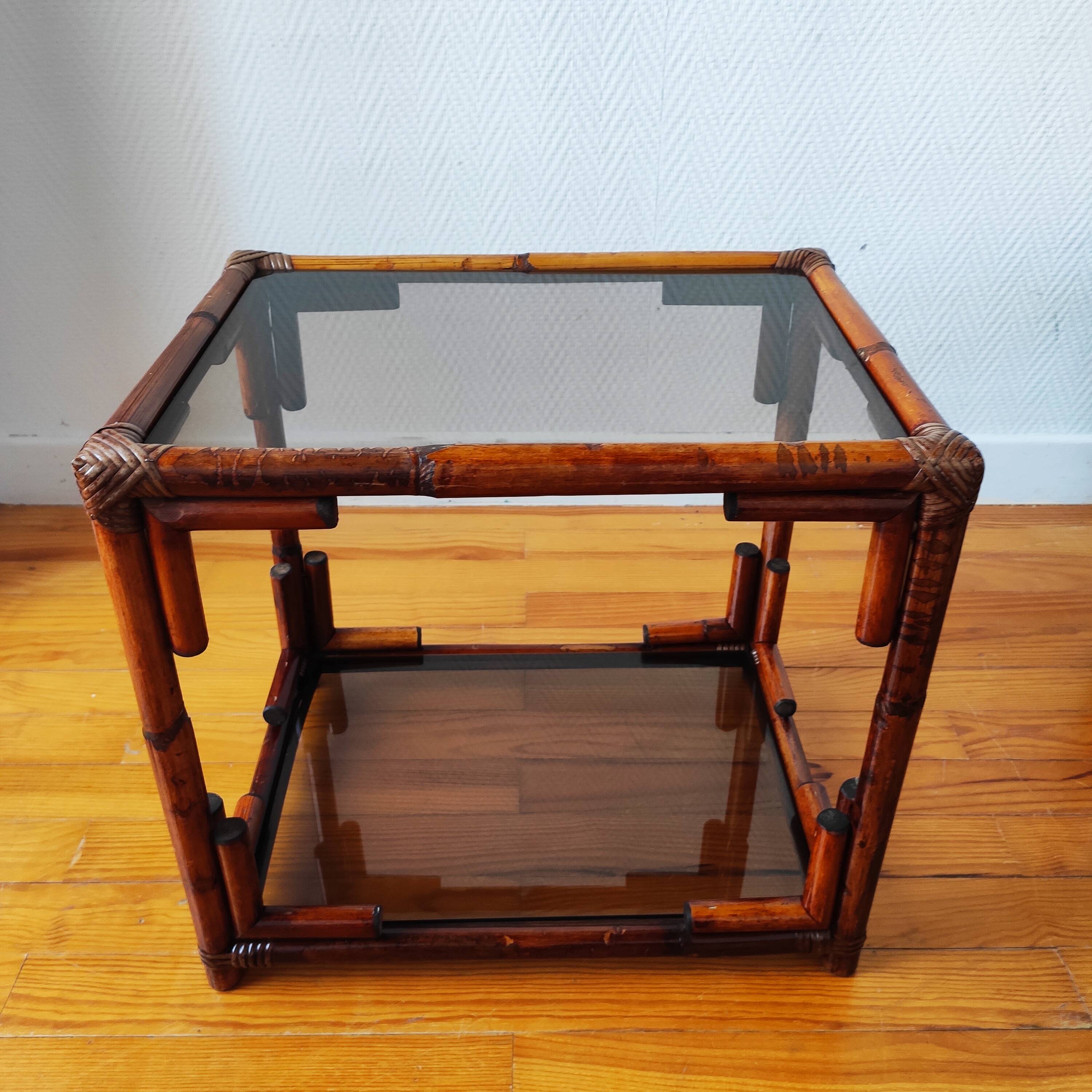 Pair of bedside tables - rattan smoked glass side tables vintage 70s-80s