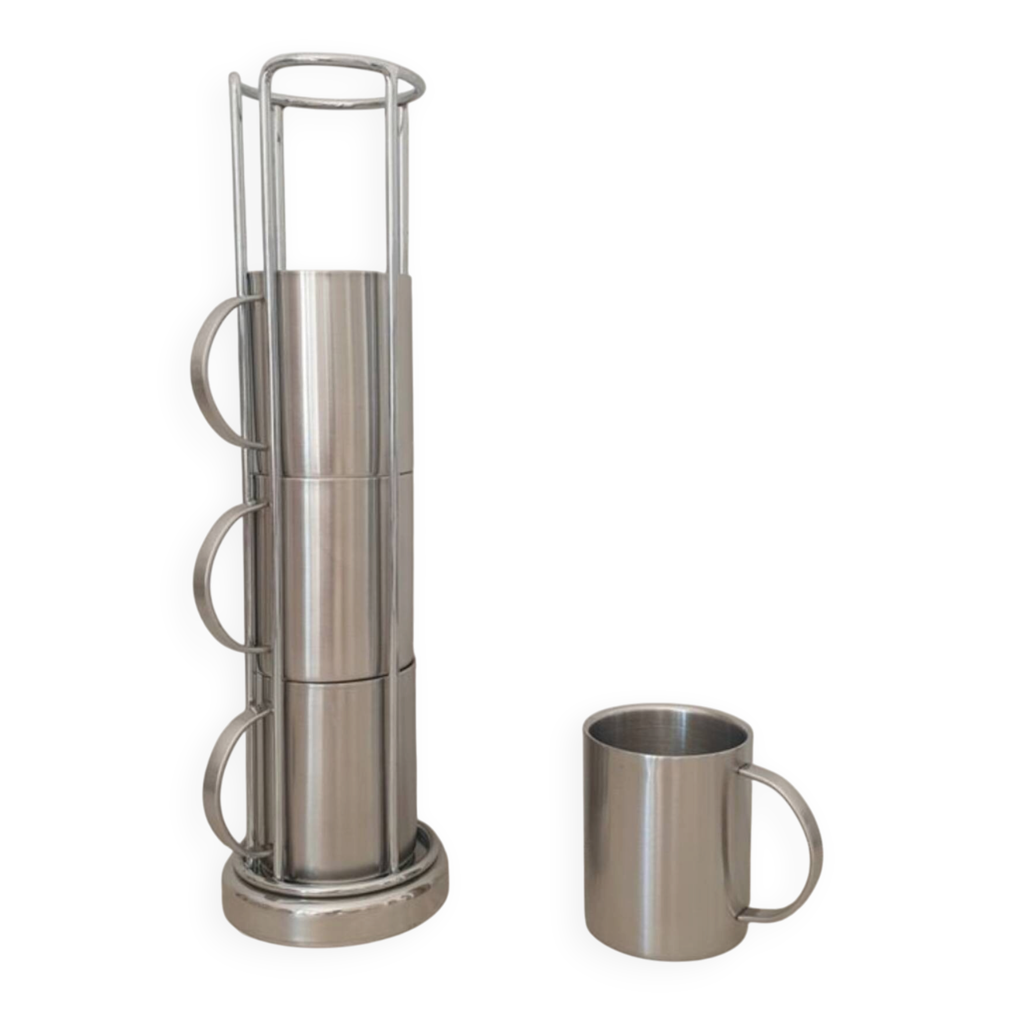 4 Grandes Tasses en inox et son support métallique