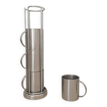 4 Grandes Tasses en inox et son support métallique