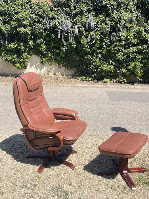 Scandinavian brown leather recliner lounge chair with ottoman, circa 1990