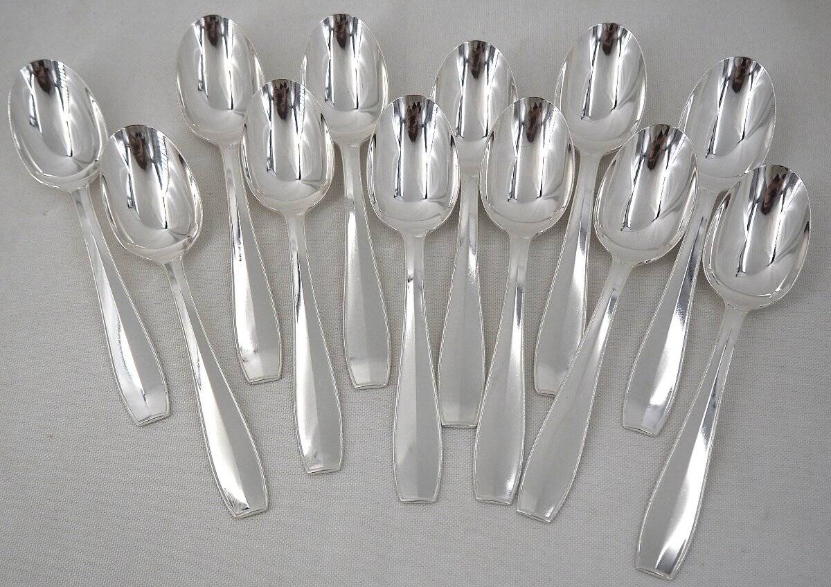 Christofle Atlas model, Art Deco, 12 dessert cutlery sets, 24 pieces, silver-plated metal.