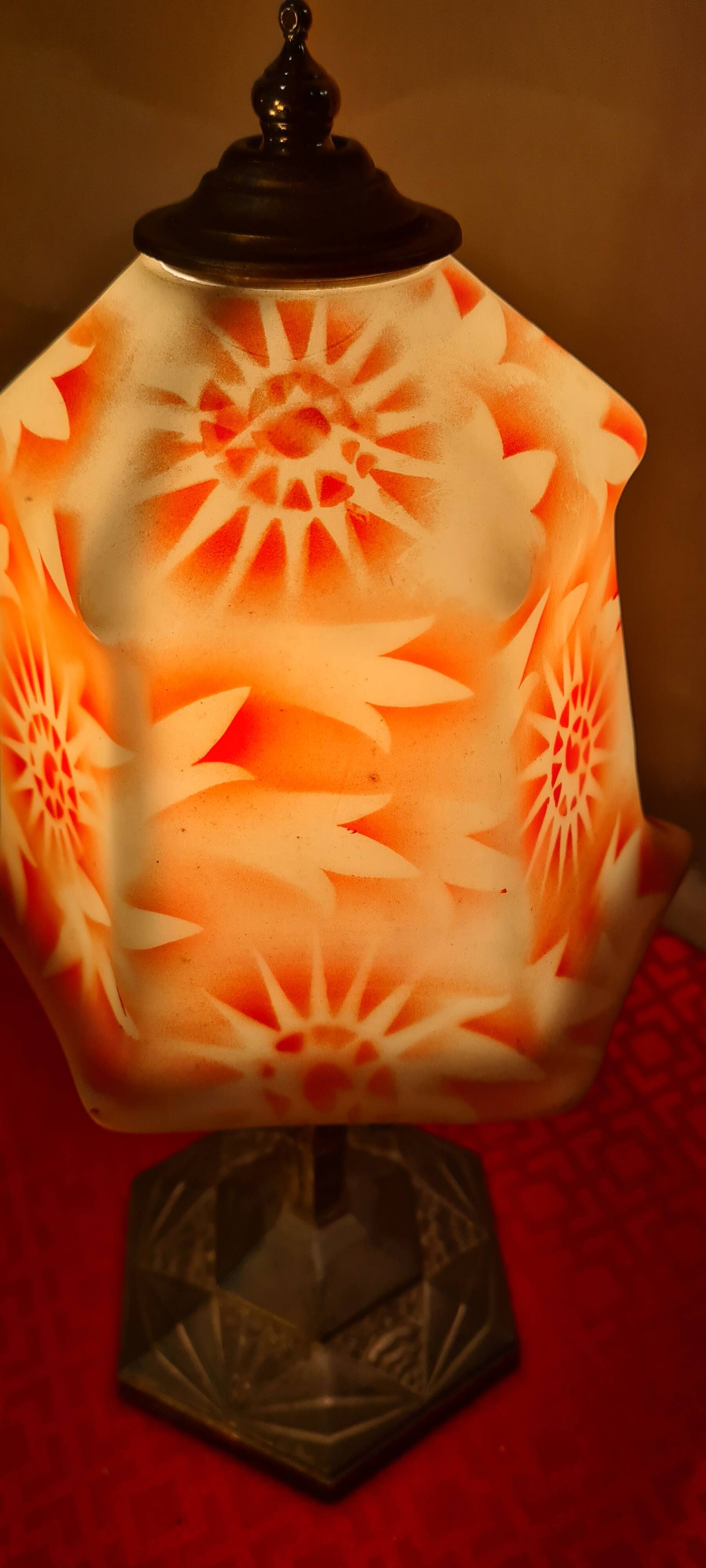 Antique 1930s regul lamp with painted opaline lampshade, art deco, 36x18