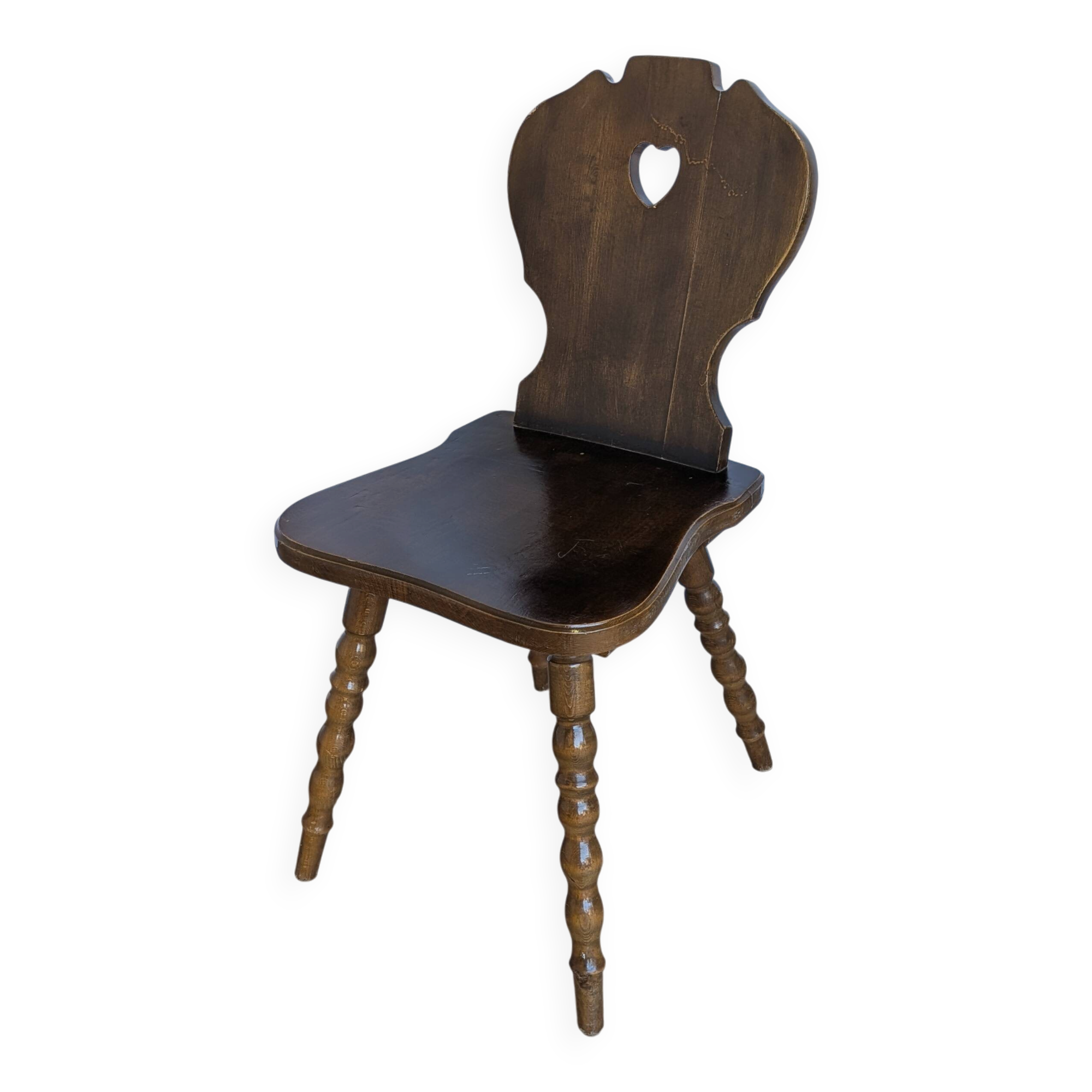 Vintage Tyrolean Heart Cutout Wooden Dining Chair / Bobbin-turned Legs
