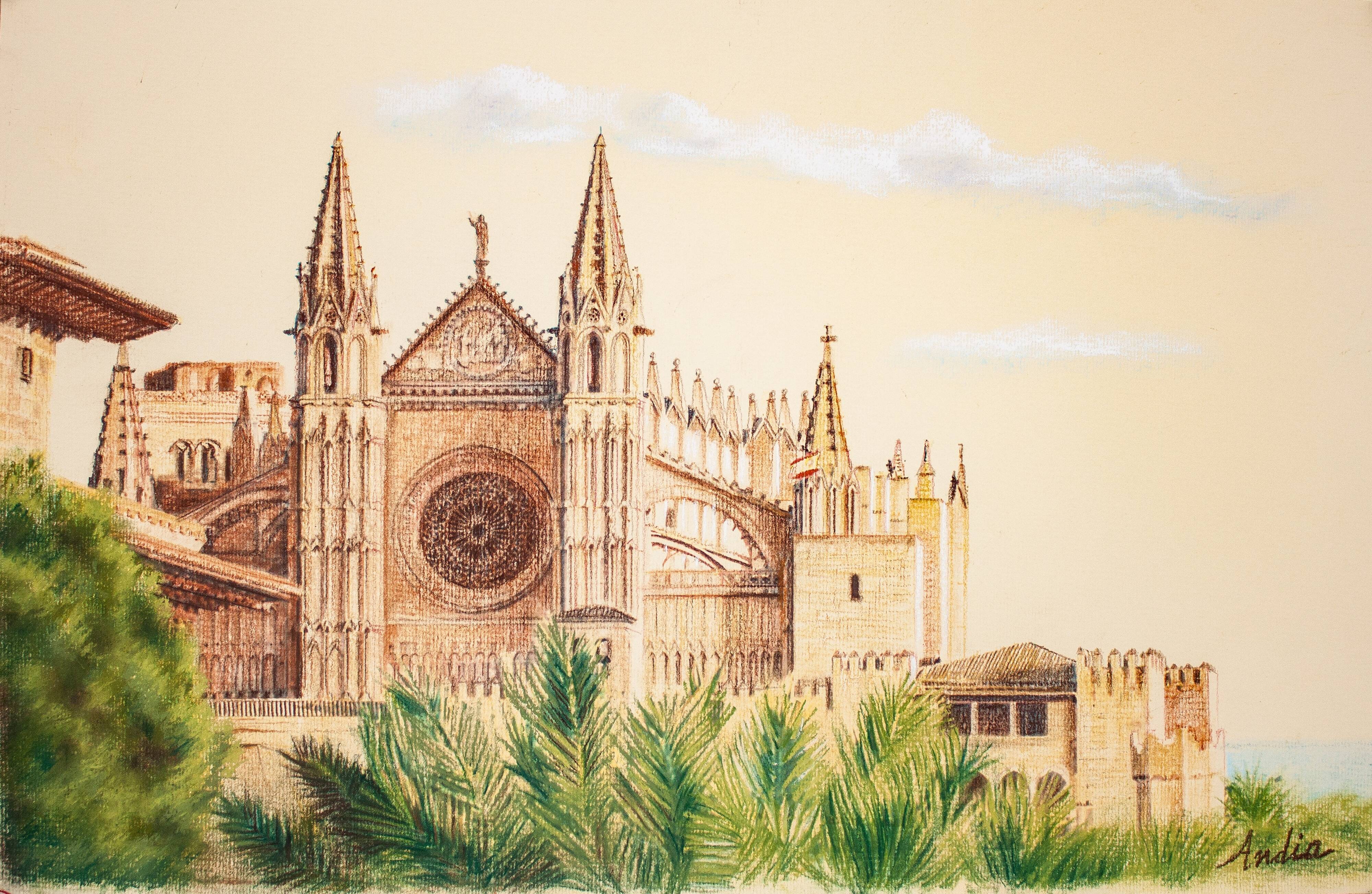 Dibujo de la catedral de mallorca. cuadro de mallorca. pintura mallorca. mallorca pintura.