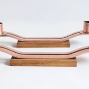 Pair of oak and copper bronze candlesticks