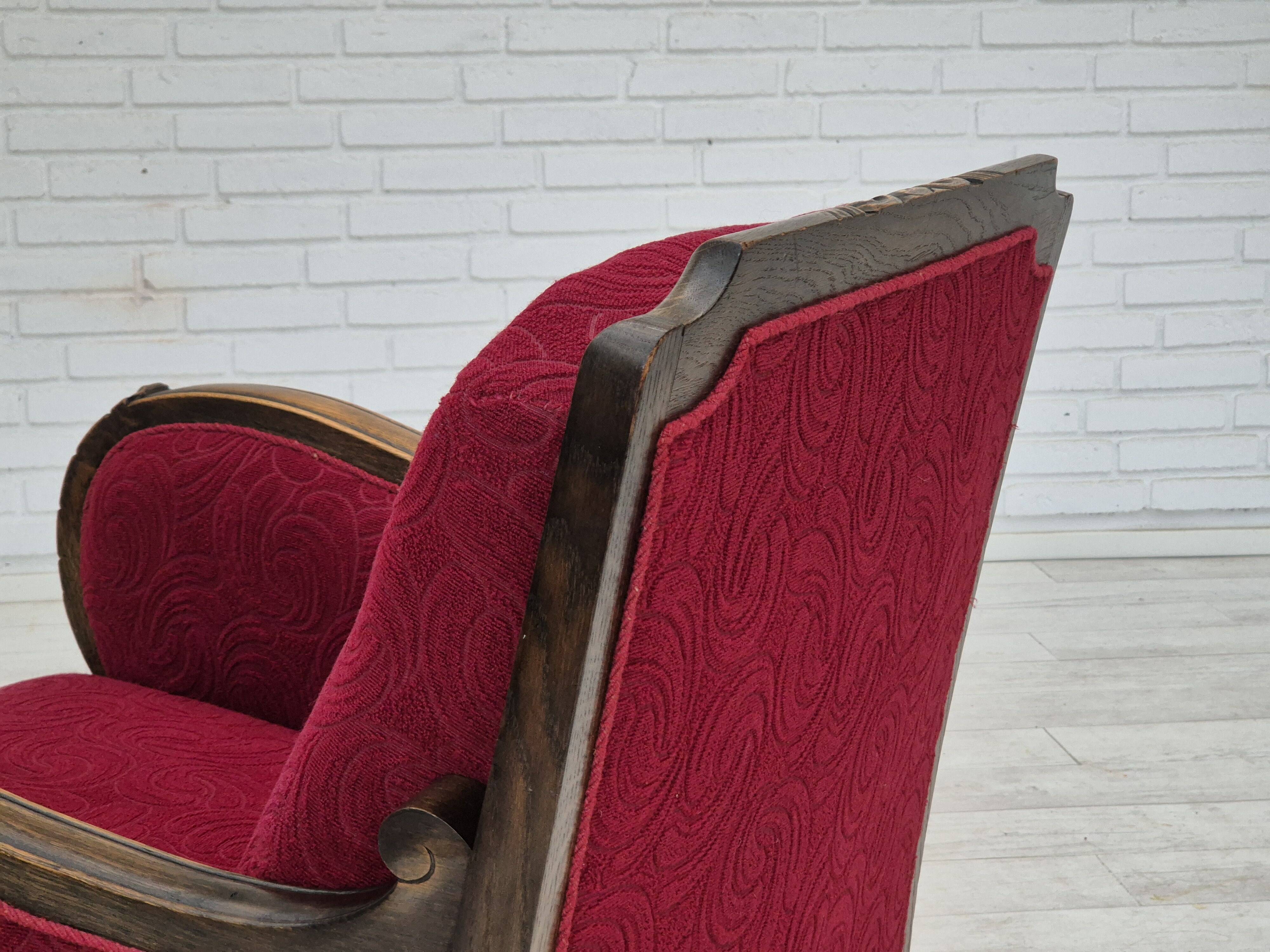 Fauteuil relax vintage danois des années 1950, tissu d'ameublement, bois de chêne, d'origine.