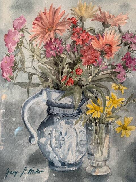 Old watercolor signed Jany. F. Millet (1926-1992), bouquet of flowers under framed glass, 1950