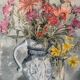 Aquarelle ancienne signée Jany. F. Millet (1926-1992), bouquet de fleurs sous verre encadré, 1950