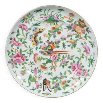 Porcelain plate XIXth Canton with floral decoration birds and butterflies