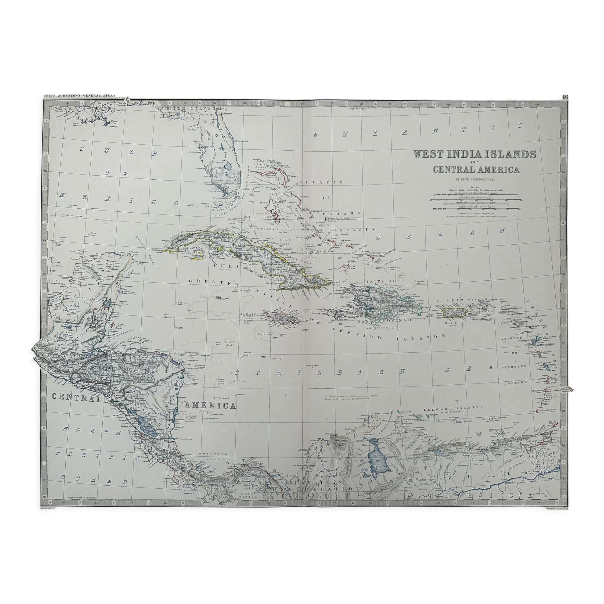 Map of Cuba and The Caribbean Sea circa 1869 Keith Johnston Royal Atlas Hand coloured map