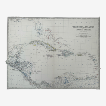 Carte de Cuba et de la mer des Caraïbes vers 1869 Keith Johnston Royal Atlas Carte colorée à la main