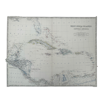 Map of Cuba and The Caribbean Sea circa 1869 Keith Johnston Royal Atlas Hand coloured map