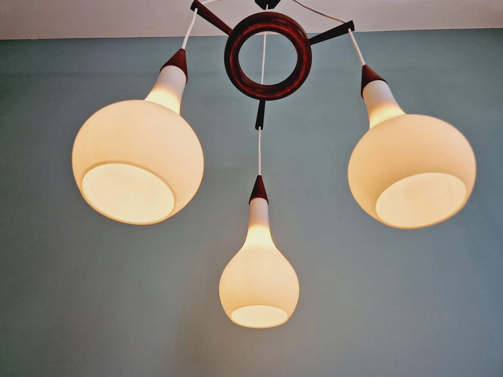 Scandinavian teak and satin white glass chandelier, 1960