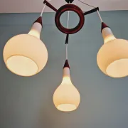 Scandinavian teak and satin white glass chandelier, 1960