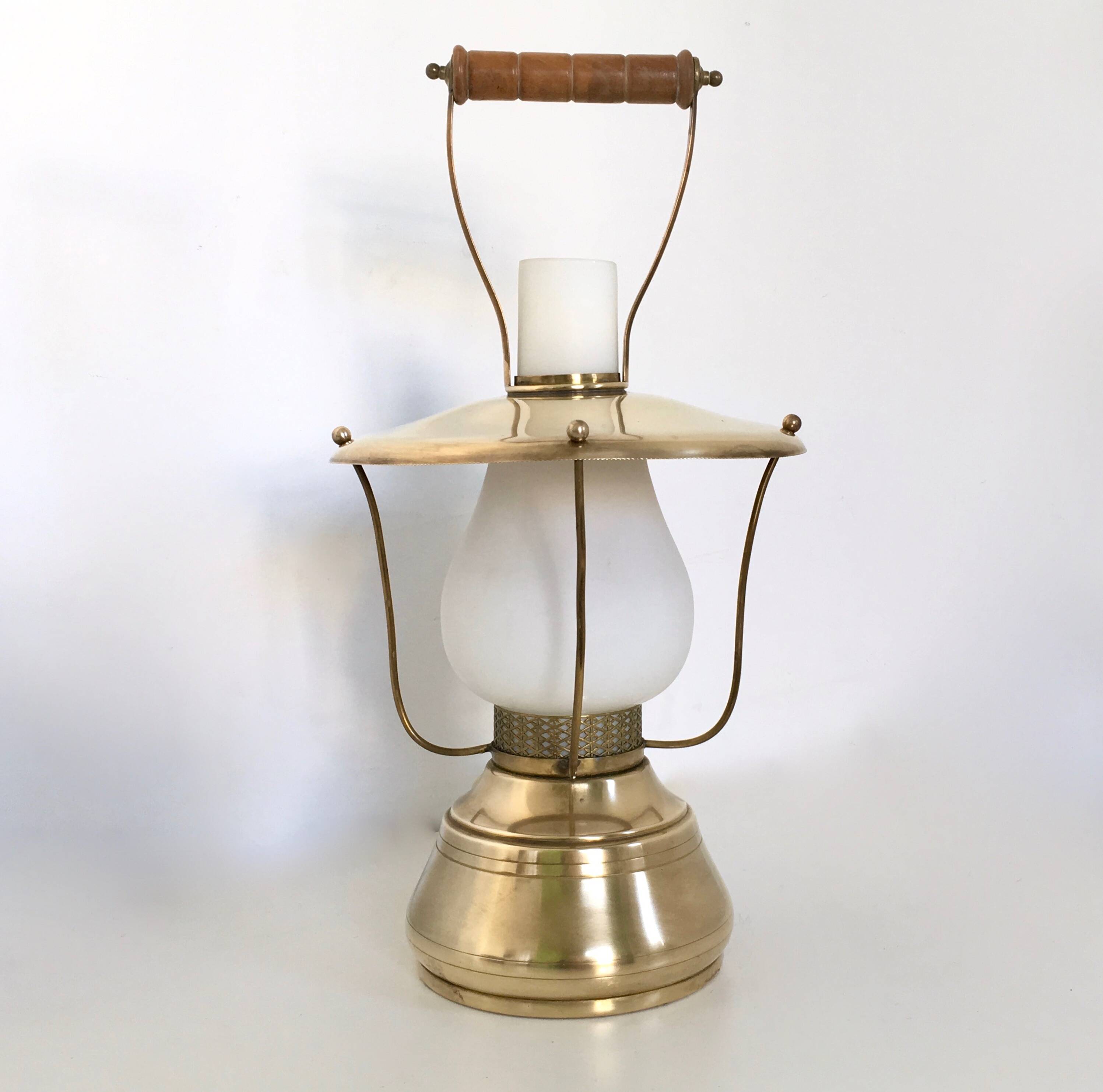 Elegant Vintage Brass and Encased Glass Lantern Table Lamp, Italy