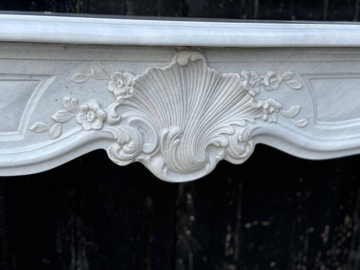 Louis XV style fireplace in grey and white Carrara marble circa 1980