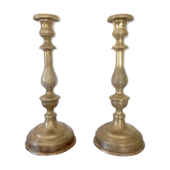 Pair of candlesticks engraved brass