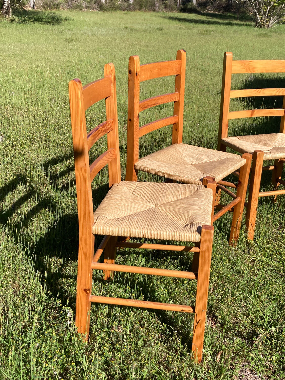 4 straw chairs in vintage pine wood 1980 1990