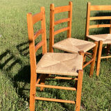 4 straw chairs in vintage pine wood 1980 1990