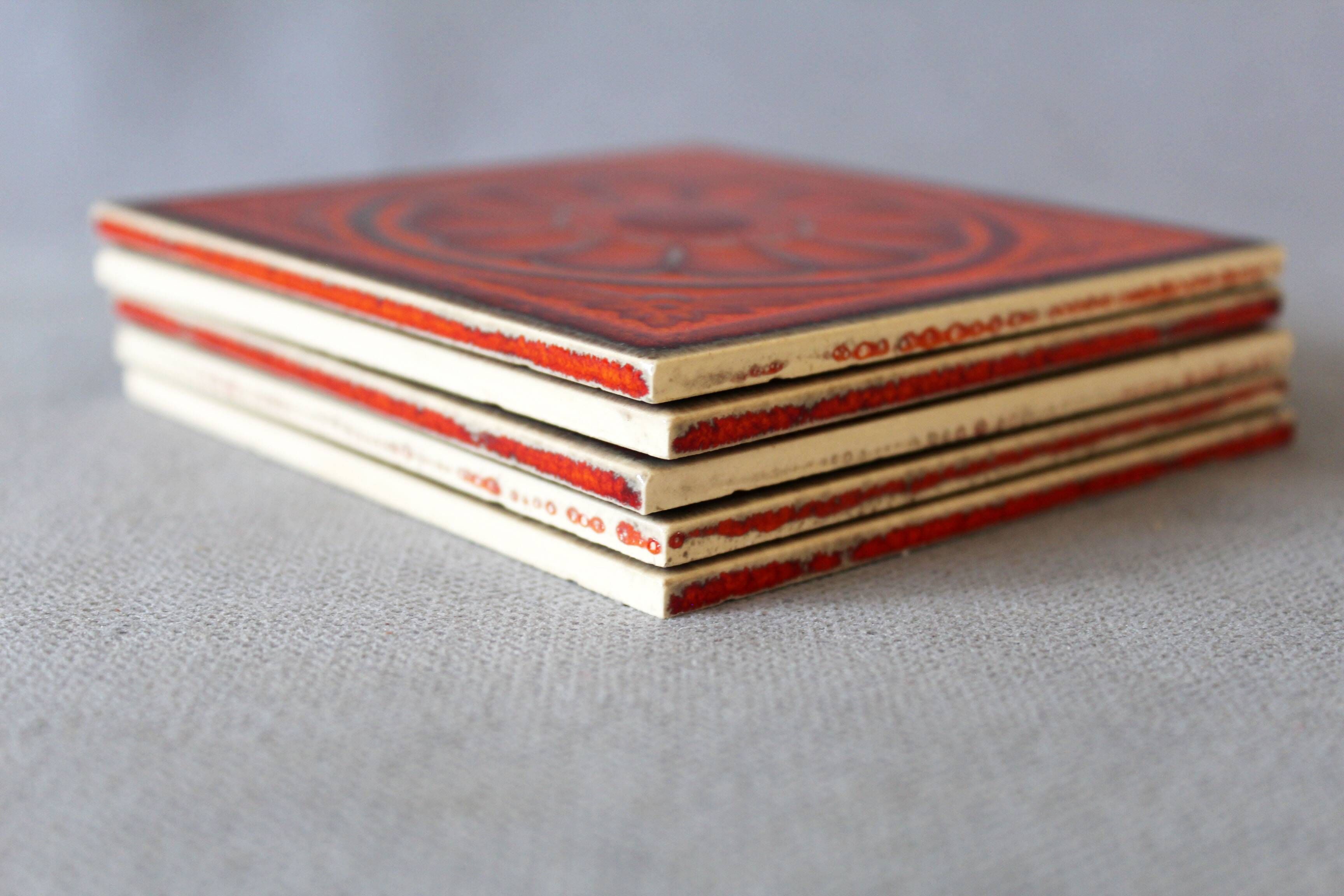 Vintage 5 Villeroy and Boch small tiles, 1960s-70s, orange flowers