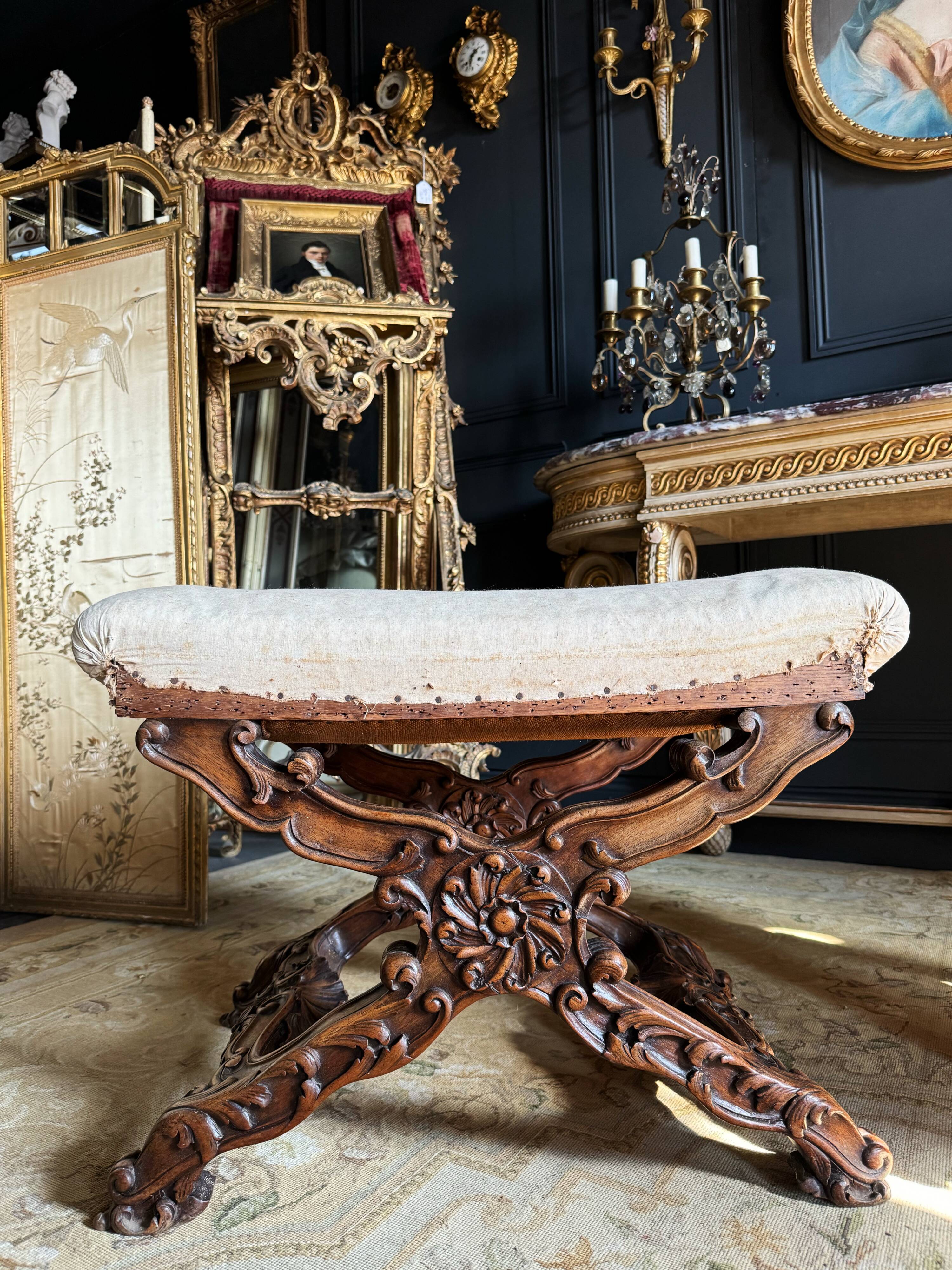 Pair of late 19th century Louis XV style carved wood curules