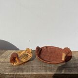 Duo of vintage wicker duck pans / empty rattan pocket