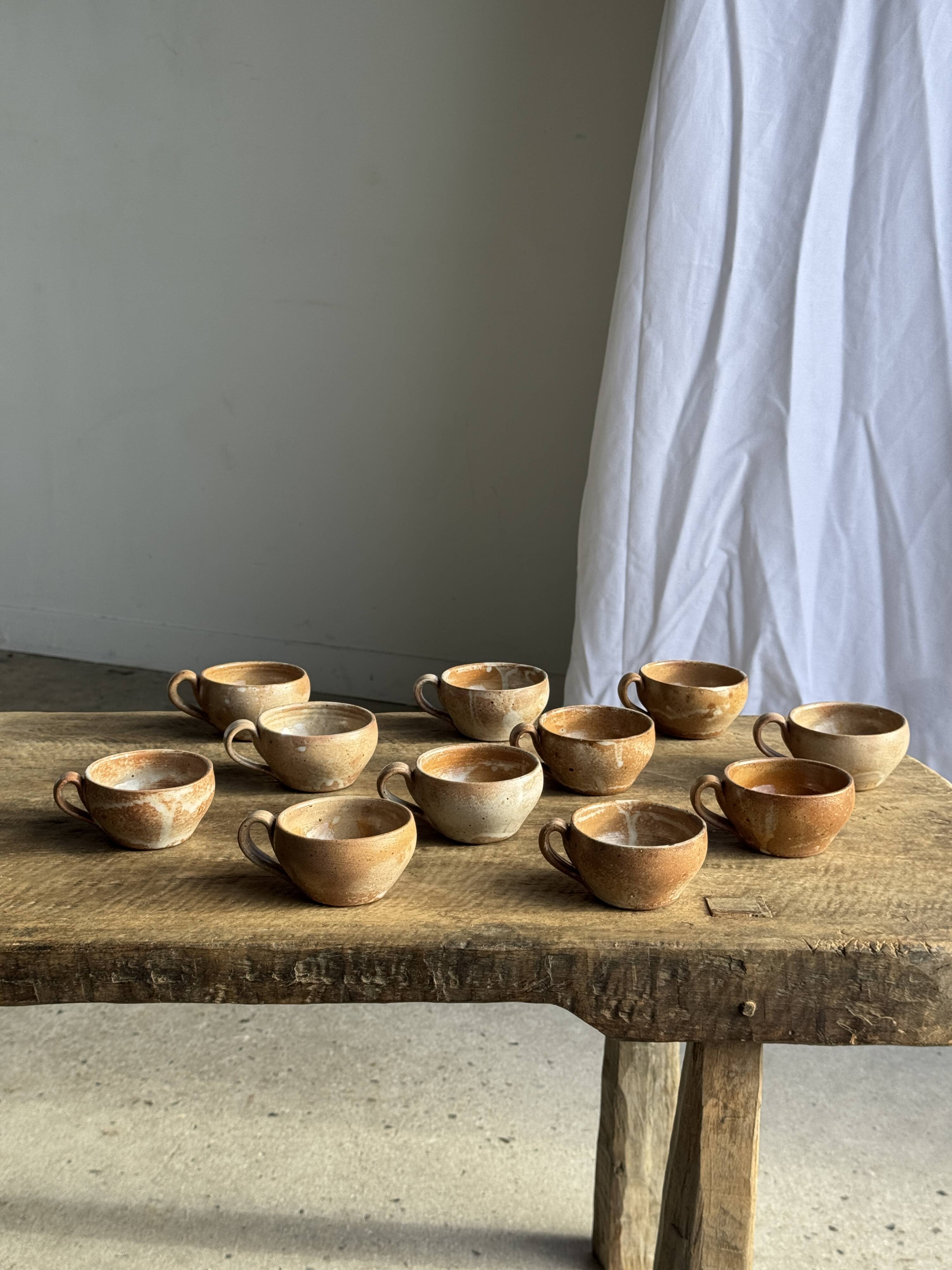 Set of 11 vintage coffee cups, raw matte stoneware H11