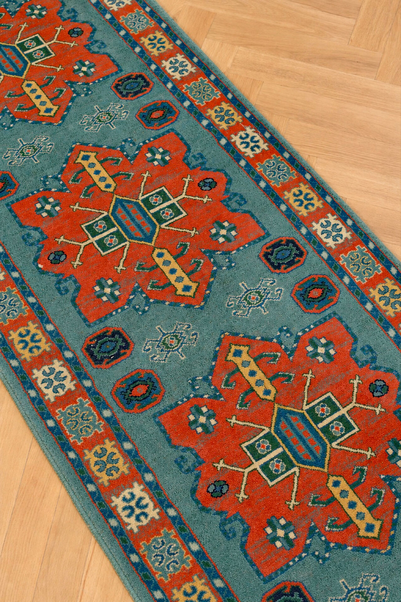 Vintage Spanish hallway rug in wool, 70 × 350 cm