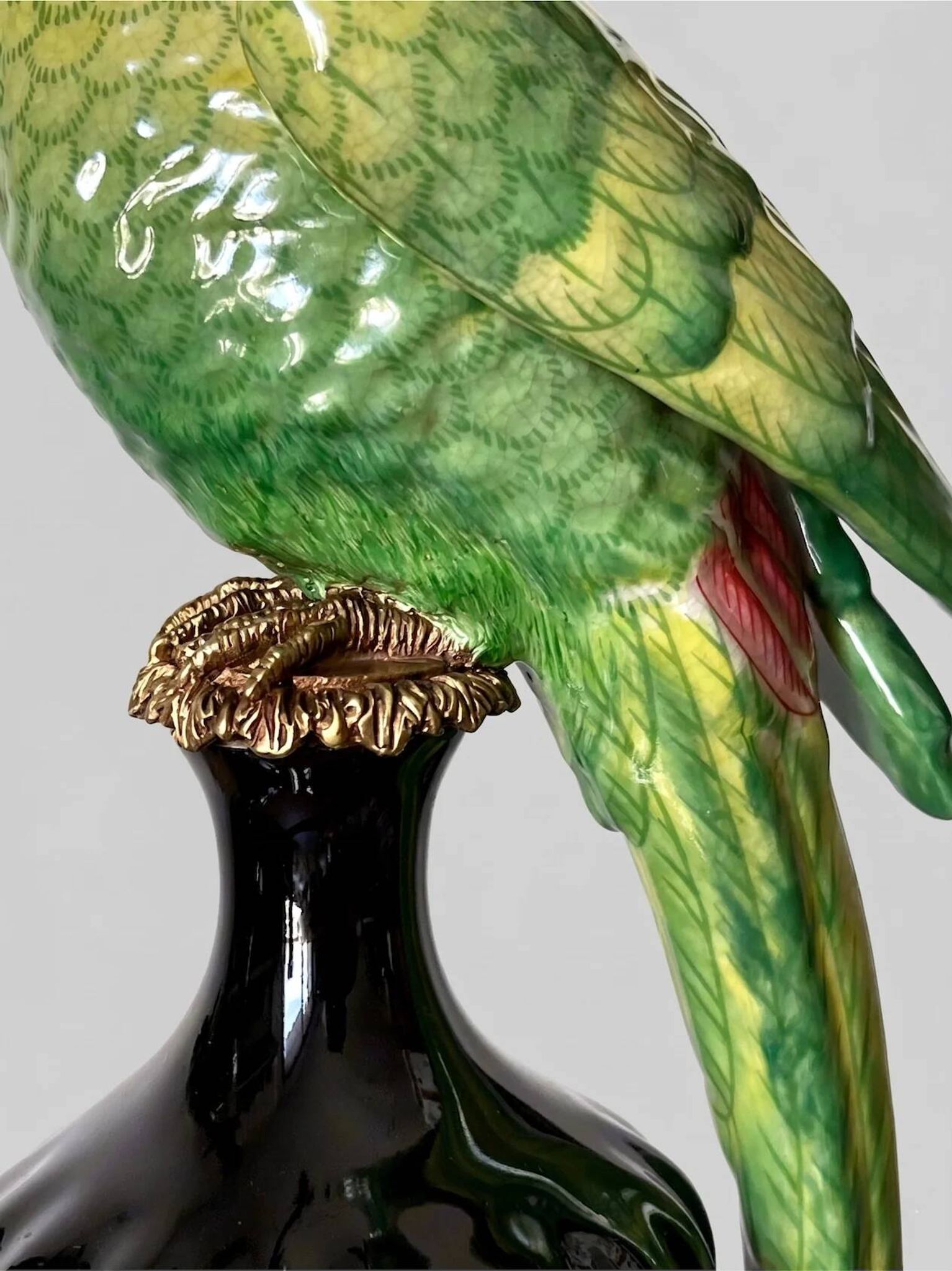 Pair of parrot candlesticks in porcelain and gilded bronze – Louis XVI style – 47 cm