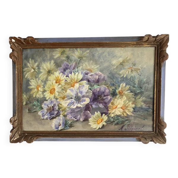 Aquarelle fleurs ancienne ecadrée M Réginal