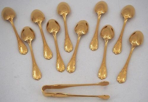 Christofle Marly gold, 10 mocha spoons, coffee, 10 cm + gold metal sugar tongs