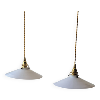 Duo of white opaline pendant lights