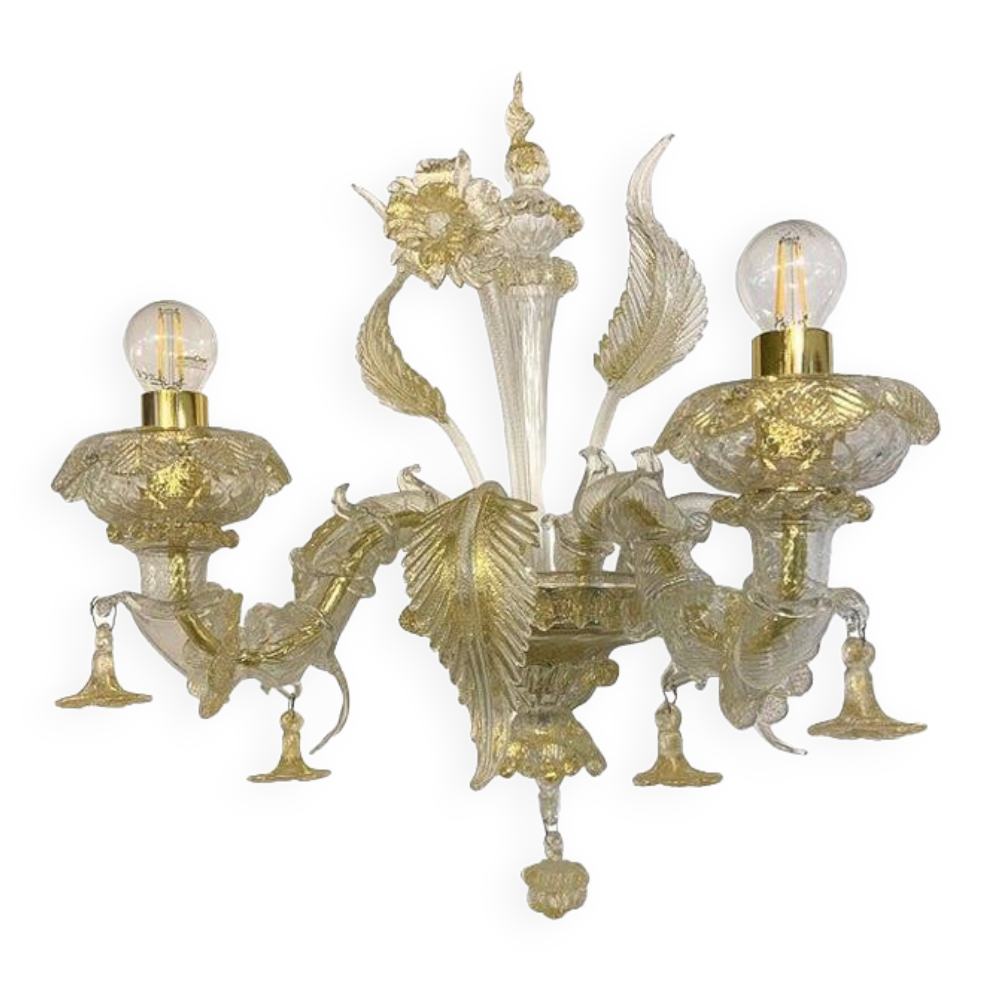 Contemporary Floral Transparent-Gold "Ca' Rezzonico" Murano Glass Wall Sconce