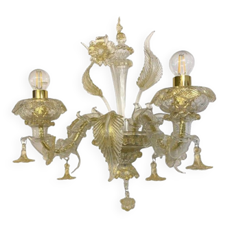 Contemporary Floral Transparent-Gold "Ca' Rezzonico" Murano Glass Wall Sconce