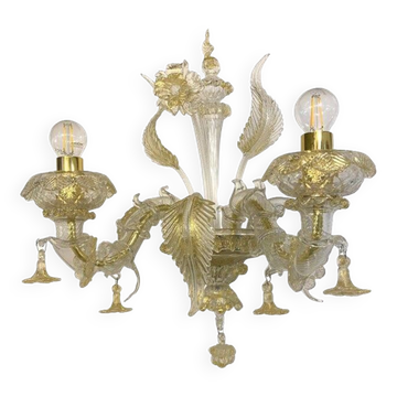 Contemporary Floral Transparent-Gold "Ca' Rezzonico" Murano Glass Wall Sconce