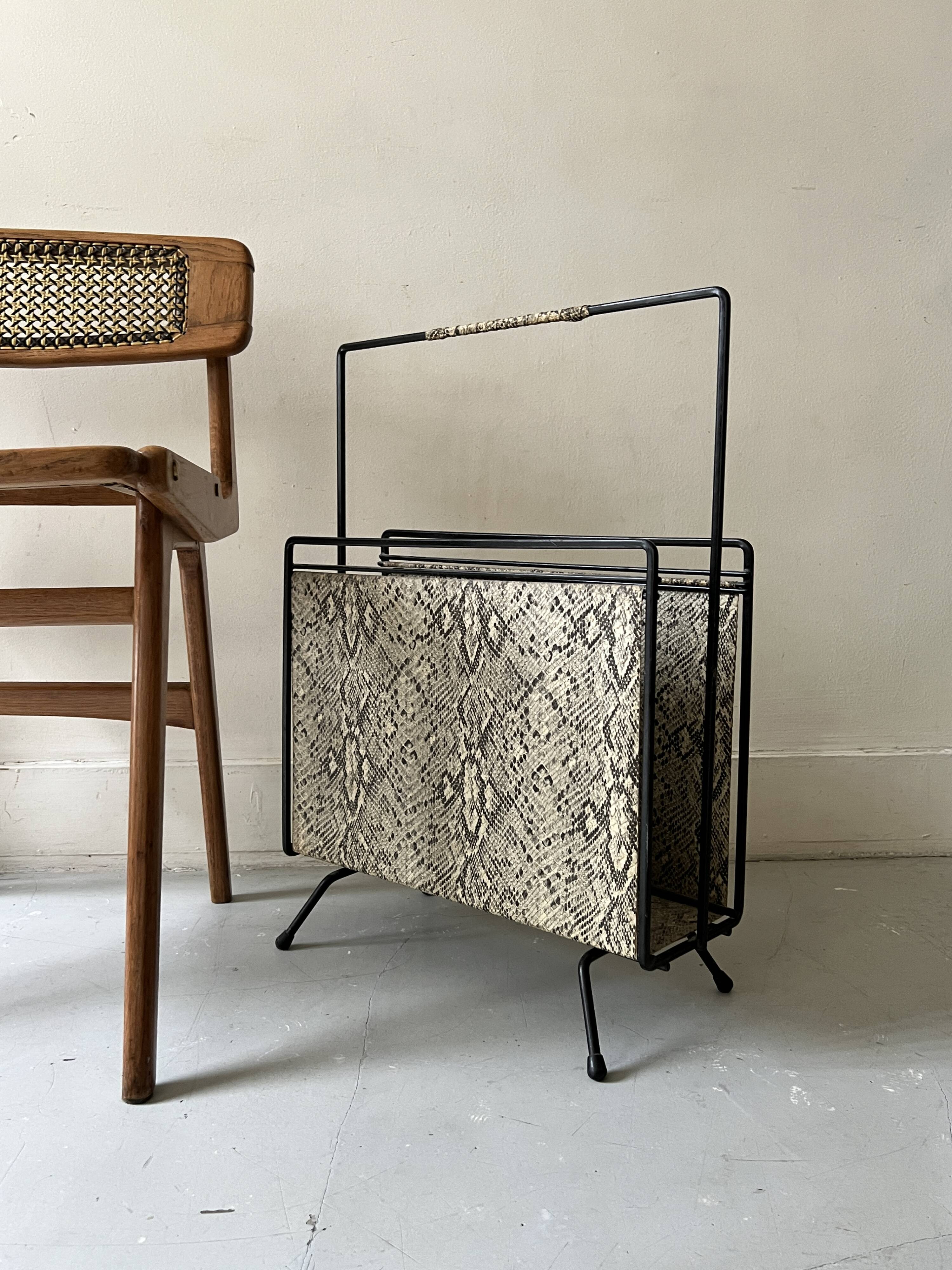 1970s design magazine rack in metal and python leather