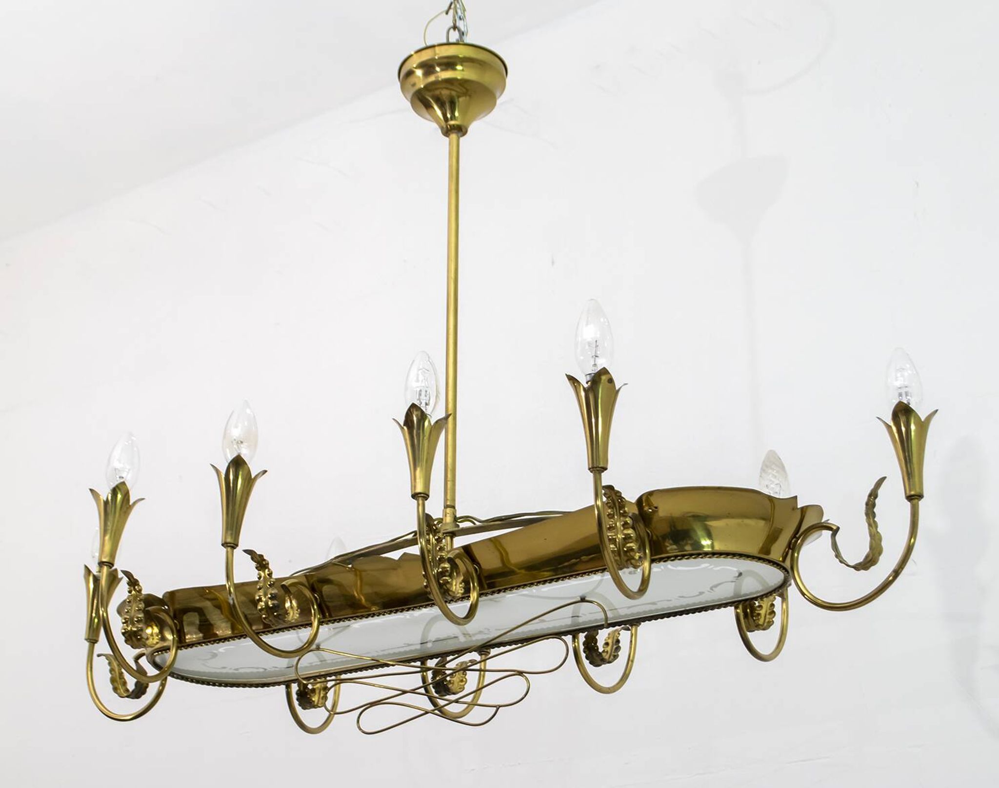 After Pietro Chiesa Italian Brass 12 Lights Candelier Fontana Arte