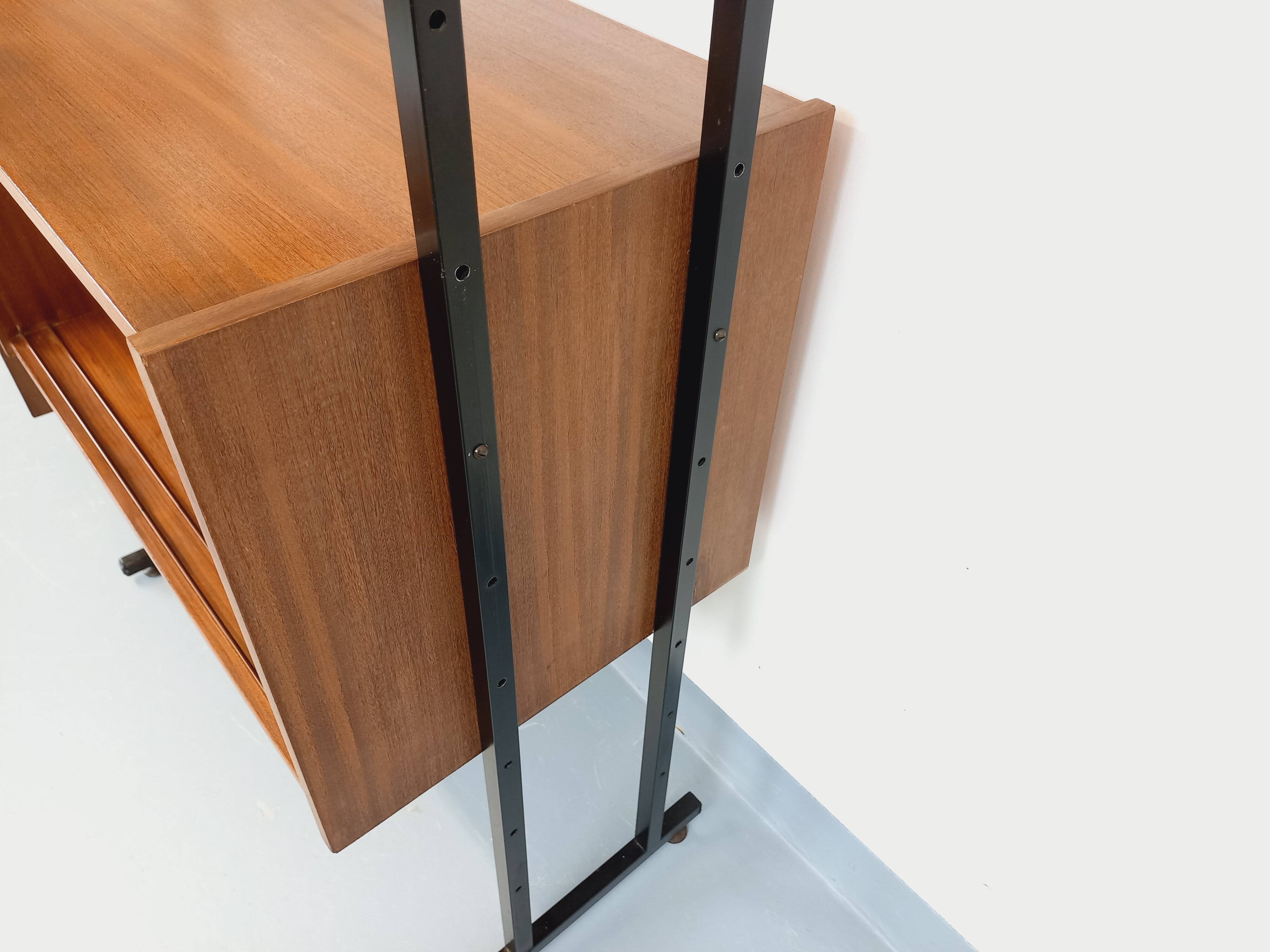 Vintage Italian double modular bookshelf in teak and metal.