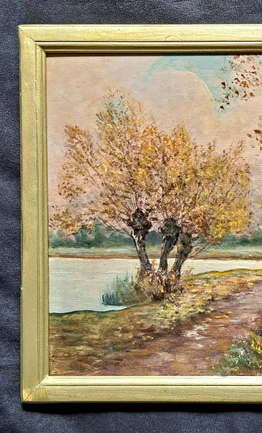 Impressionist painting, Oil on wood early 20th century, romantic landscape.