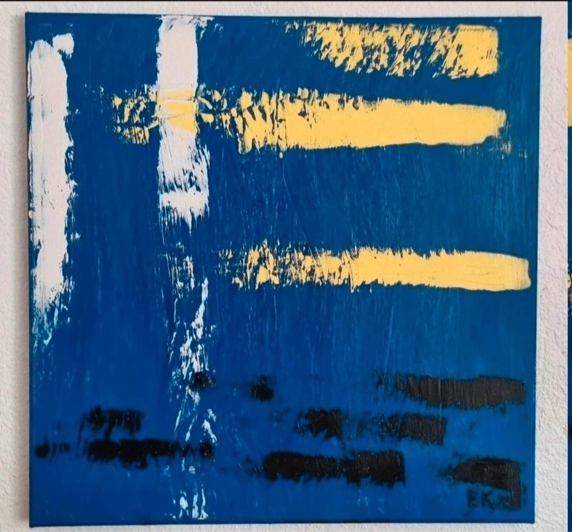 Abstract blue yellow table 40x40 cm acrylic painting signed